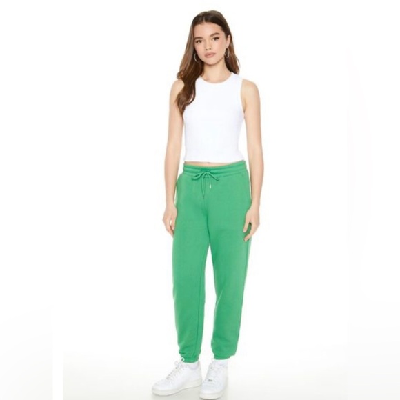 NWT Forever 21 Fleece Drawstring Joggers Women’s Small Green High Waist Pockets - Picture 2 of 10